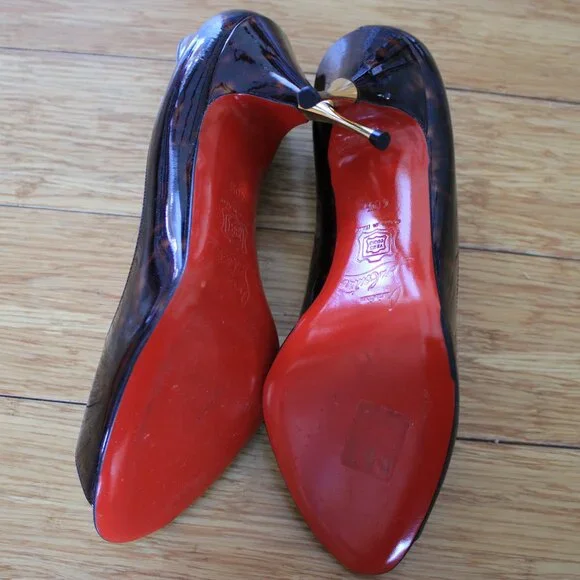 Christian Louboutin Red Heel Patent Leather Peeptoe Brown Tortoise Size 40.5
